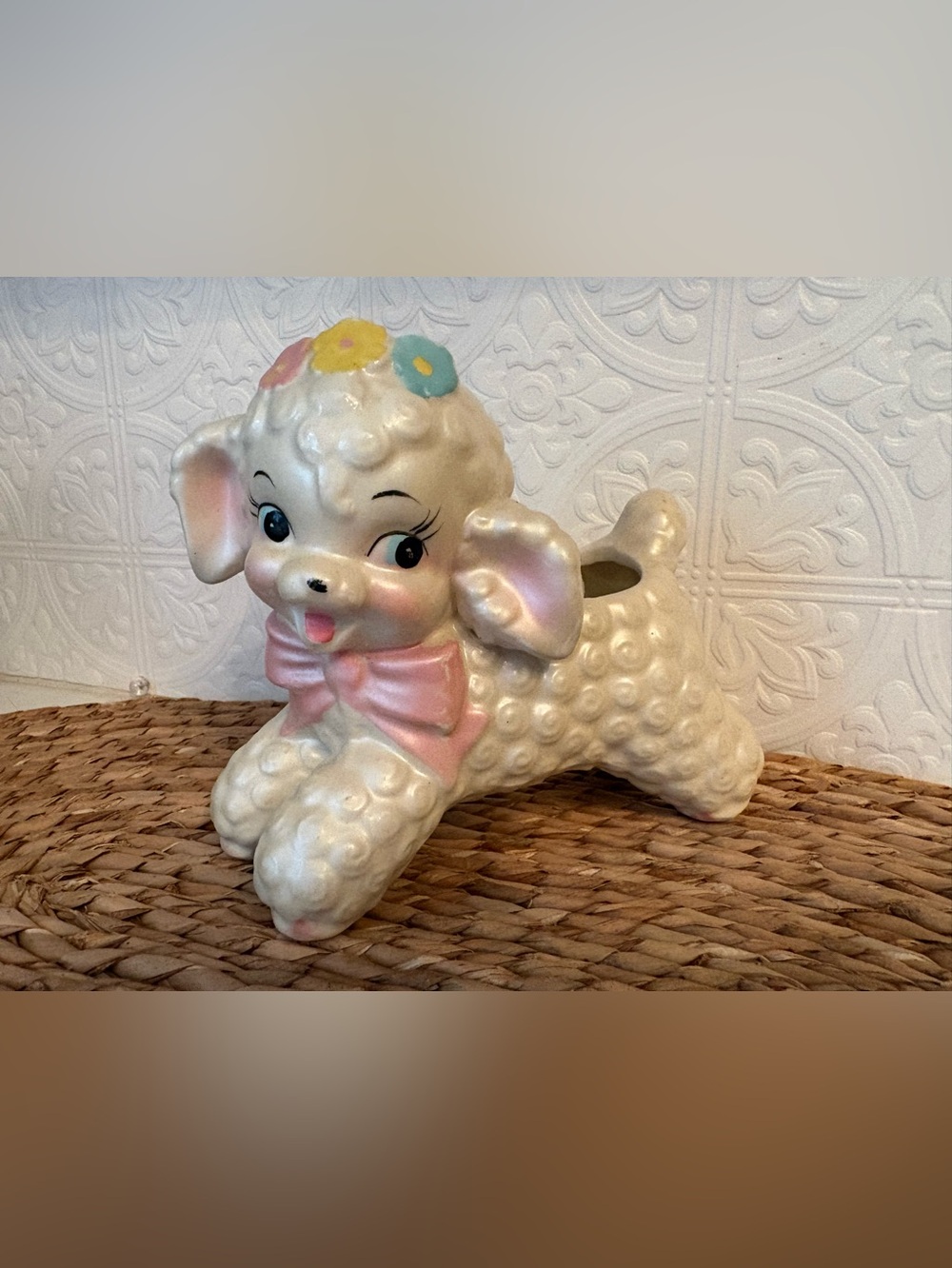 Vintage Ceramic Lamb Planter with Pastel Bow and Flowers